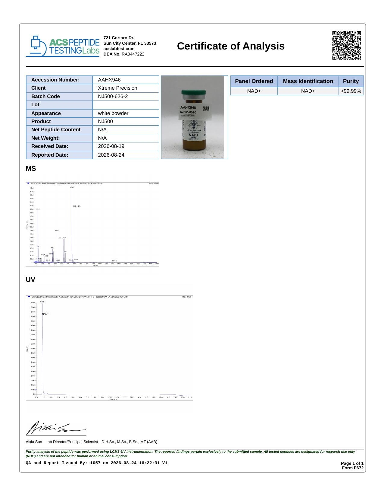 Relatório analítico de referência — NAD+ 500mg