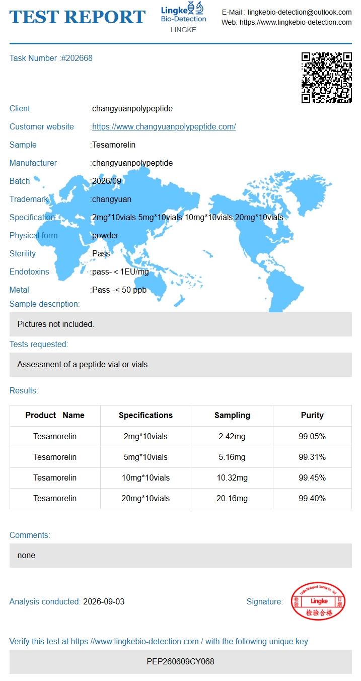 Relatório analítico de referência — Tesamorelin 20mg