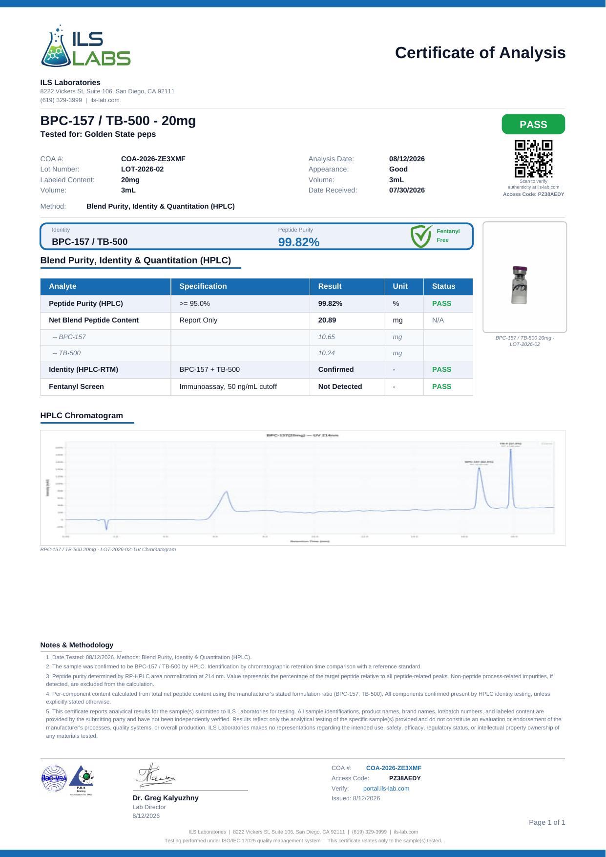 Relatório analítico de referência — TB-500 + BPC-157 20mg